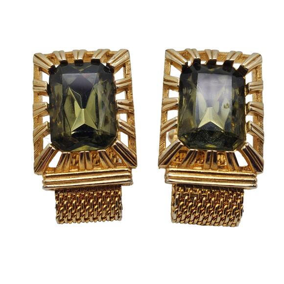 Swank Smoke Green Glass Cufflinks Gold Tone Mesh Wrap Vintage Suit Accessory - Picture 1 of 7